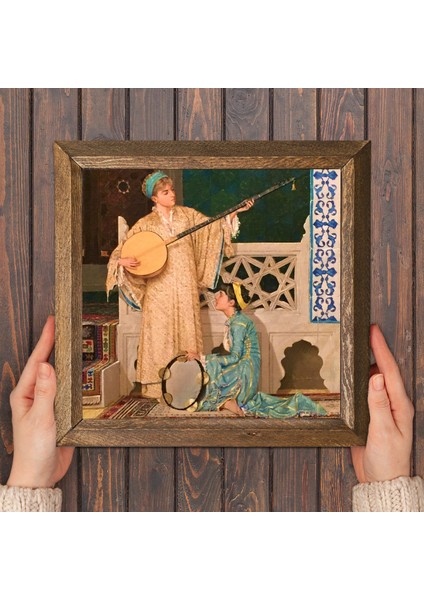 İki Müzisyen Kız Tablosu Taş Duvar Tablosu Ahşap Çerçeveli Duvar Dekoru Wall Art 25x25cm W1-21