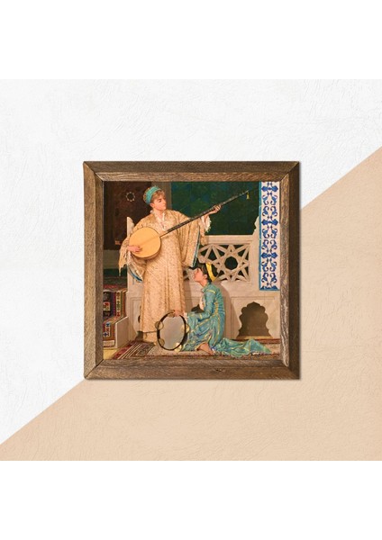 İki Müzisyen Kız Tablosu Taş Duvar Tablosu Ahşap Çerçeveli Duvar Dekoru Wall Art 25x25cm W1-21