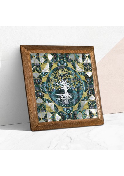 Hayat Ağacı Taş Duvar Tablosu Ahşap Çerçeveli Duvar Dekoru Wall Art 25x25cm W1-238