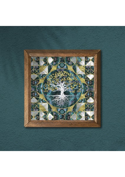 Hayat Ağacı Taş Duvar Tablosu Ahşap Çerçeveli Duvar Dekoru Wall Art 25x25cm W1-238