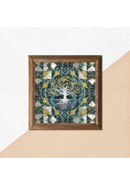 Hayat Ağacı Taş Duvar Tablosu Ahşap Çerçeveli Duvar Dekoru Wall Art 25x25cm W1-238