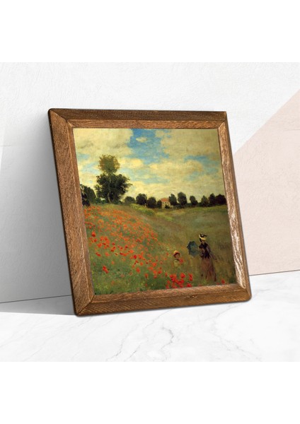 Claude Monet Gelincikler Taş Duvar Tablosu Ahşap Çerçeveli Duvar Dekoru Wall Art 25x25cm W1-247