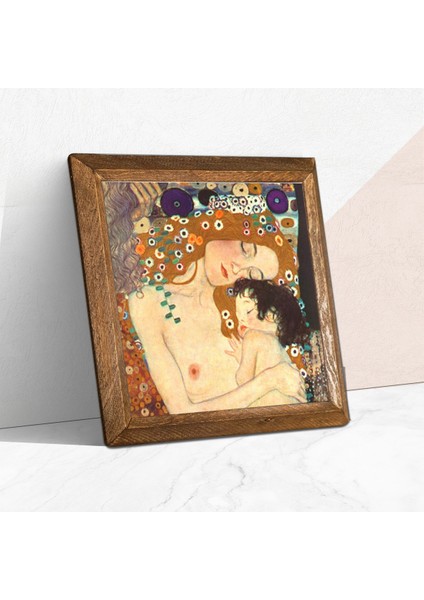 Gustav Klimt Anne Çocuk Taş Duvar Tablosu Ahşap Çerçeveli Duvar Dekoru Wall Art 25x25cm W1-26