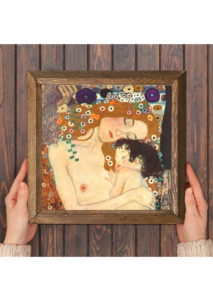 Gustav Klimt Anne Çocuk Taş Duvar Tablosu Ahşap Çerçeveli Duvar Dekoru Wall Art 25x25cm W1-26