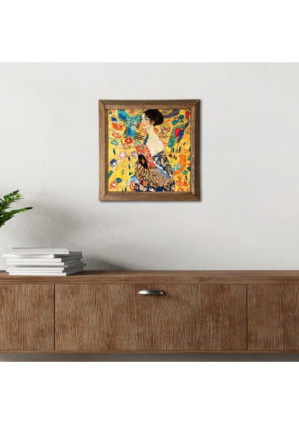 Gustav Klimt Yelpazeli Kadın Taş Duvar Tablosu Ahşap Çerçeveli Duvar Dekoru Wall Art 25x25cm W1-275