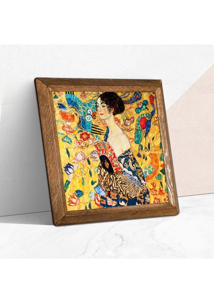 Gustav Klimt Yelpazeli Kadın Taş Duvar Tablosu Ahşap Çerçeveli Duvar Dekoru Wall Art 25x25cm W1-275