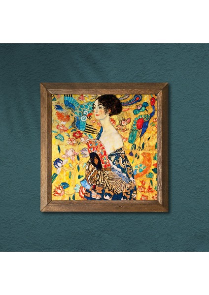 Gustav Klimt Yelpazeli Kadın Taş Duvar Tablosu Ahşap Çerçeveli Duvar Dekoru Wall Art 25x25cm W1-275