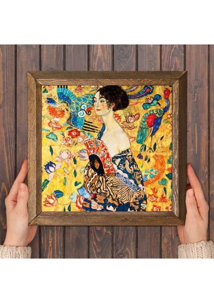 Gustav Klimt Yelpazeli Kadın Taş Duvar Tablosu Ahşap Çerçeveli Duvar Dekoru Wall Art 25x25cm W1-275