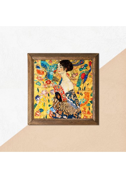 Gustav Klimt Yelpazeli Kadın Taş Duvar Tablosu Ahşap Çerçeveli Duvar Dekoru Wall Art 25x25cm W1-275