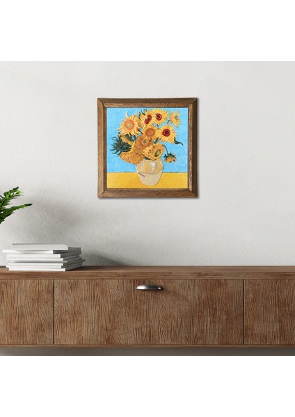 Vincent van Gogh On İki Ayçiçekli Vazo Taş Duvar Tablosu Ahşap Çerçeveli Duvar Dekoru Wall Art 25x25cm W1-276