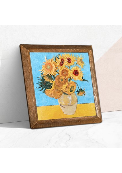 Vincent van Gogh On İki Ayçiçekli Vazo Taş Duvar Tablosu Ahşap Çerçeveli Duvar Dekoru Wall Art 25x25cm W1-276