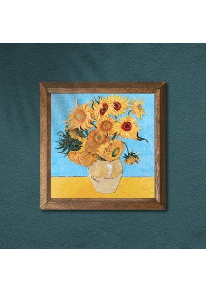 Vincent van Gogh On İki Ayçiçekli Vazo Taş Duvar Tablosu Ahşap Çerçeveli Duvar Dekoru Wall Art 25x25cm W1-276