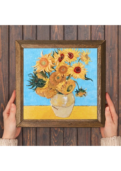 Vincent van Gogh On İki Ayçiçekli Vazo Taş Duvar Tablosu Ahşap Çerçeveli Duvar Dekoru Wall Art 25x25cm W1-276