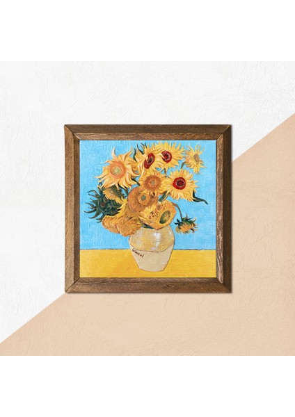 Vincent van Gogh On İki Ayçiçekli Vazo Taş Duvar Tablosu Ahşap Çerçeveli Duvar Dekoru Wall Art 25x25cm W1-276