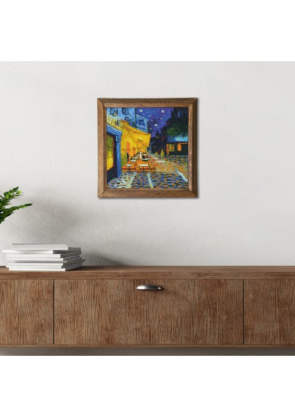 Vincent van Gogh Kafe Terasta Gece Taş Duvar Tablosu Ahşap Çerçeveli Duvar Dekoru Wall Art 25x25cm W1-279