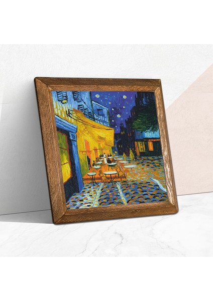 Vincent van Gogh Kafe Terasta Gece Taş Duvar Tablosu Ahşap Çerçeveli Duvar Dekoru Wall Art 25x25cm W1-279