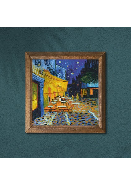 Vincent van Gogh Kafe Terasta Gece Taş Duvar Tablosu Ahşap Çerçeveli Duvar Dekoru Wall Art 25x25cm W1-279