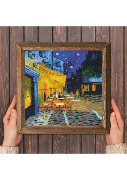 Vincent van Gogh Kafe Terasta Gece Taş Duvar Tablosu Ahşap Çerçeveli Duvar Dekoru Wall Art 25x25cm W1-279