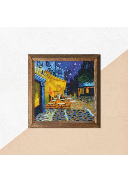 Vincent van Gogh Kafe Terasta Gece Taş Duvar Tablosu Ahşap Çerçeveli Duvar Dekoru Wall Art 25x25cm W1-279