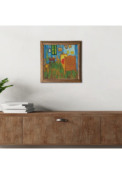 Vincent van Gogh Arles'teki Yatak Odası Taş Duvar Tablosu Ahşap Çerçeveli Duvar Dekoru Wall Art 25x25cm W1-286