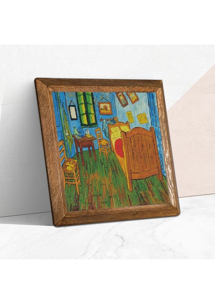 Vincent van Gogh Arles'teki Yatak Odası Taş Duvar Tablosu Ahşap Çerçeveli Duvar Dekoru Wall Art 25x25cm W1-286