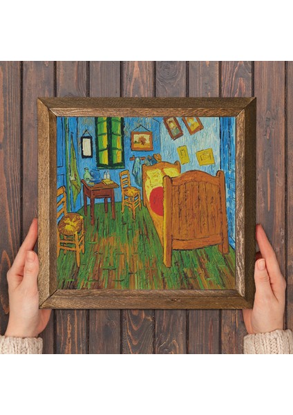 Vincent van Gogh Arles'teki Yatak Odası Taş Duvar Tablosu Ahşap Çerçeveli Duvar Dekoru Wall Art 25x25cm W1-286
