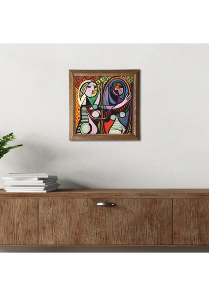 Pablo Picasso Ayna Karşısındaki Kız Taş Duvar Tablosu Ahşap Çerçeveli Duvar Dekoru Wall Art 25x25cm W1-301