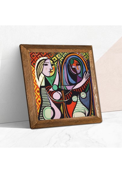 Pablo Picasso Ayna Karşısındaki Kız Taş Duvar Tablosu Ahşap Çerçeveli Duvar Dekoru Wall Art 25x25cm W1-301