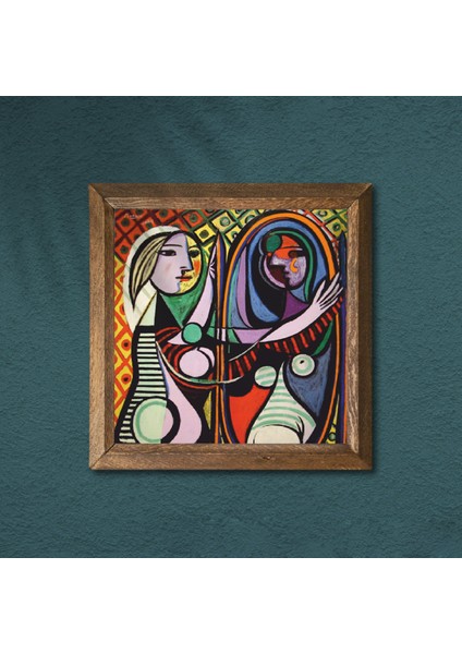 Pablo Picasso Ayna Karşısındaki Kız Taş Duvar Tablosu Ahşap Çerçeveli Duvar Dekoru Wall Art 25x25cm W1-301