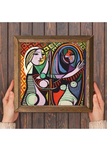 Pablo Picasso Ayna Karşısındaki Kız Taş Duvar Tablosu Ahşap Çerçeveli Duvar Dekoru Wall Art 25x25cm W1-301