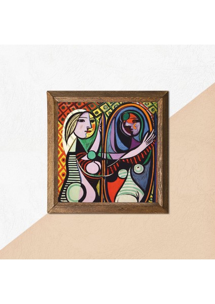 Pablo Picasso Ayna Karşısındaki Kız Taş Duvar Tablosu Ahşap Çerçeveli Duvar Dekoru Wall Art 25x25cm W1-301