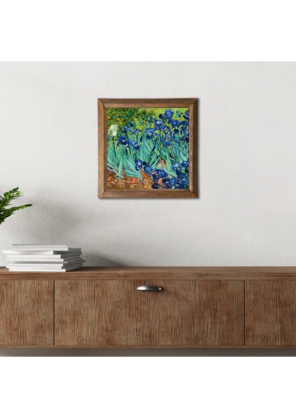 Vincent van Gogh İrisler Taş Duvar Tablosu Ahşap Çerçeveli Duvar Dekoru Wall Art 25x25cm W1-66