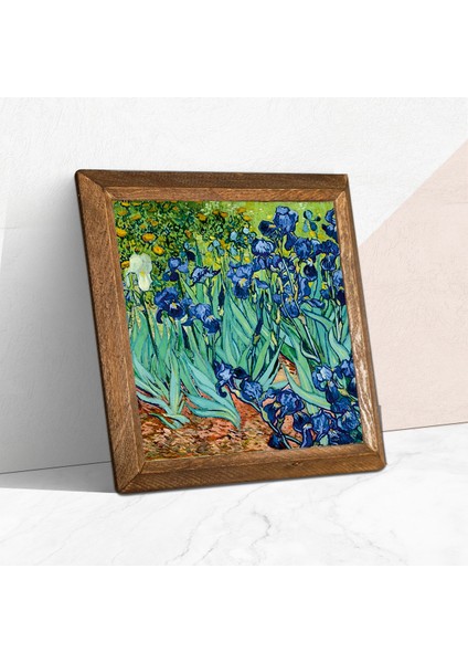 Vincent van Gogh İrisler Taş Duvar Tablosu Ahşap Çerçeveli Duvar Dekoru Wall Art 25x25cm W1-66