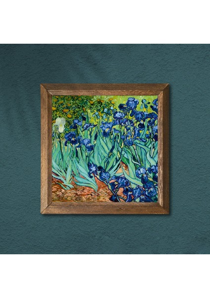 Vincent van Gogh İrisler Taş Duvar Tablosu Ahşap Çerçeveli Duvar Dekoru Wall Art 25x25cm W1-66
