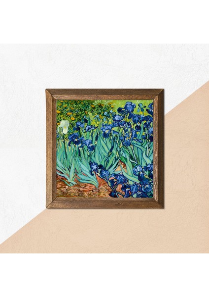 Vincent van Gogh İrisler Taş Duvar Tablosu Ahşap Çerçeveli Duvar Dekoru Wall Art 25x25cm W1-66