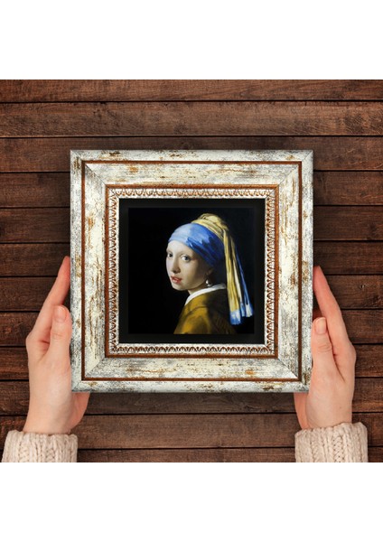 Johannes Vermeer İnci Küpeli Kız Taş Duvar Tablosu Çerçeveli Duvar Dekoru Wall Art T1-140