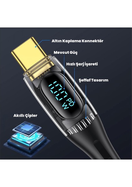 Usams US-SJ616 Type-C+Lightning+Microusb,6in1 LCD Göstergeli PD100W Hızlı Şarj ve Data Kablosu-Siyah