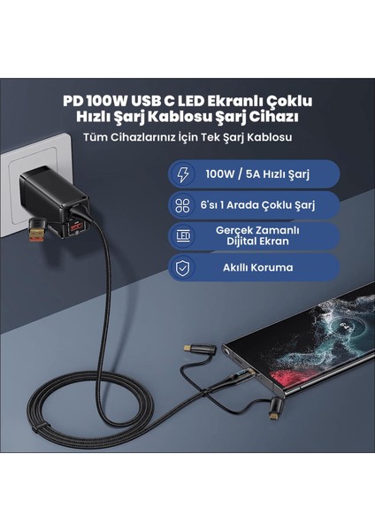 Usams US-SJ616 Type-C+Lightning+Microusb,6in1 LCD Göstergeli PD100W Hızlı Şarj ve Data Kablosu-Siyah