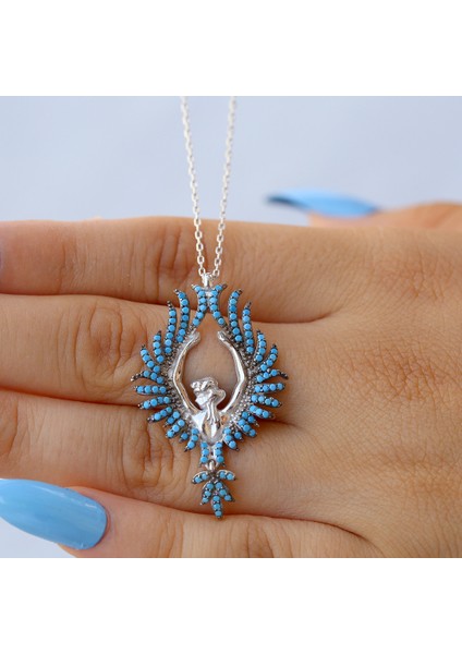 Turkuaz Taşlı Arkası Dönük Kadın Gümüş Kolye