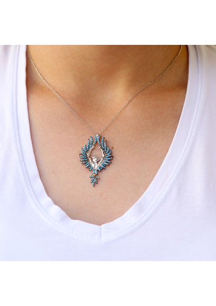 Turkuaz Taşlı Arkası Dönük Kadın Gümüş Kolye fiyatları