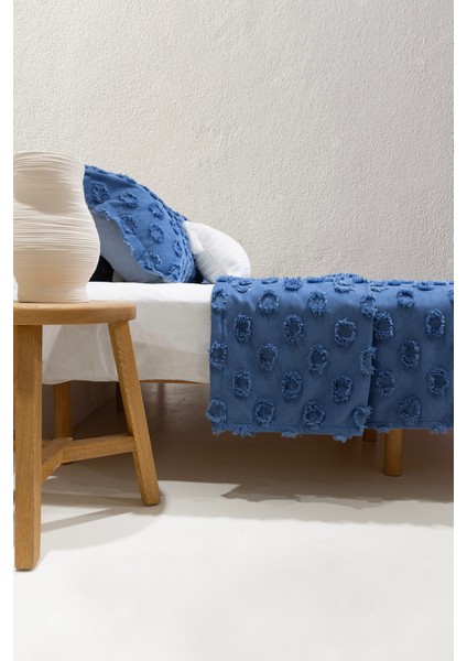 Sitra Lacivert Çift Kişilik Püsküllü Yatak Örtüsü 230x250 2 Yastık 50x70 5034