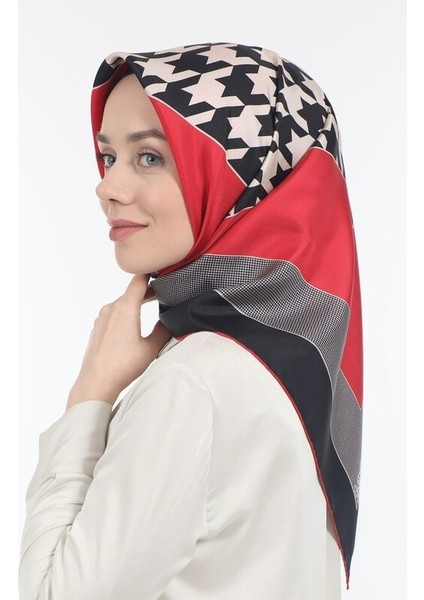 Trend Twill Eşarp Siyah Kırmızı Kaz Ayağı Desenli fiyatları
