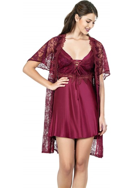 Aria's Closet Bordo Kısa Ikili Saten Sabahlık Gecelik Takımı