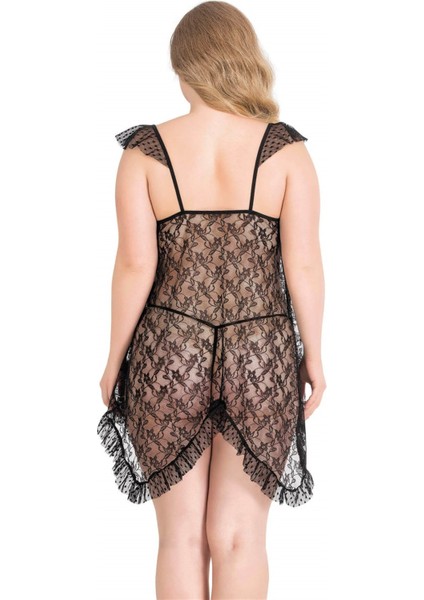 Aria's Closet Büyük Beden Siyah Kısa Tül Gecelik