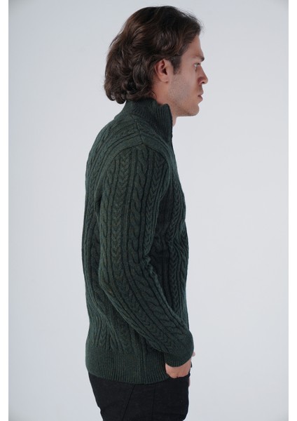 Erkek Haki Saç Örgülü Yürütme Fermuarlı Dik Yaka Triko Yün Hırka TRIST-5297 fiyatları