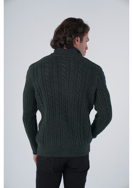 Erkek Haki Saç Örgülü Yürütme Fermuarlı Dik Yaka Triko Yün Hırka TRIST-5297 modelleri