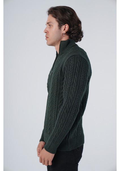 Erkek Haki Saç Örgülü Yürütme Fermuarlı Dik Yaka Triko Yün Hırka TRIST-5297 fırsatları