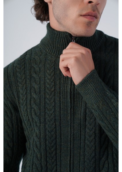 Erkek Haki Saç Örgülü Yürütme Fermuarlı Dik Yaka Triko Yün Hırka TRIST-5297 indirimleri