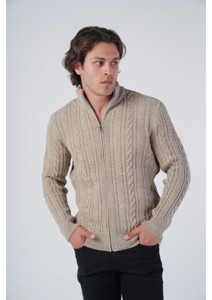 Erkek Vizon Saç Örgülü Yürütme Fermuarlı Dik Yaka Triko Yün Hırka TRIST-5297