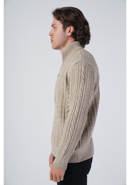 Erkek Vizon Saç Örgülü Yürütme Fermuarlı Dik Yaka Triko Yün Hırka TRIST-5297 fırsatları